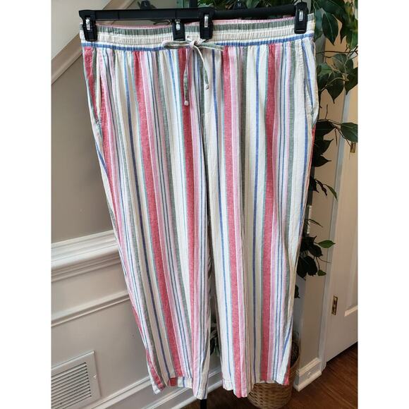 Old Navy Ankle Pants Womens 2X Plus Multi Striped Linen Relaxed Fit Drawstring - Picture 1 of 11
